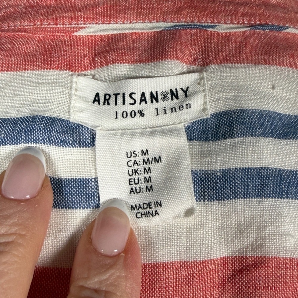 Artisan NY 100% Linen Striped Button-Down Shirt Dress Muted Coastal Tunic-Medium - Picture 12 of 13